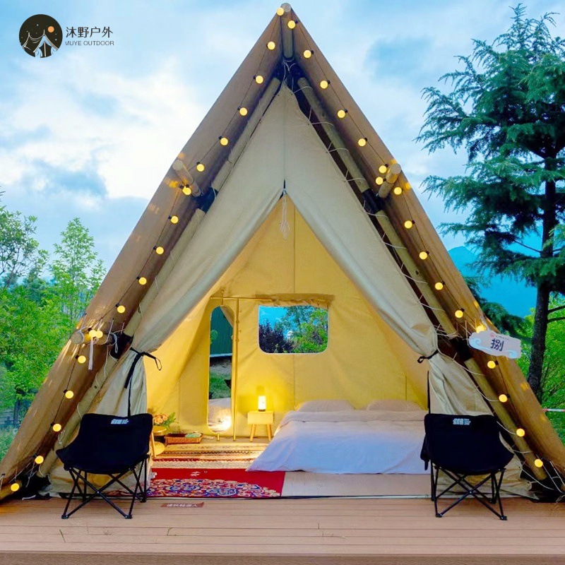 Muye camping al aire libre alojamiento residencial tienda triangular gran campamento camping residencial tienda de hotel de madera maciza
