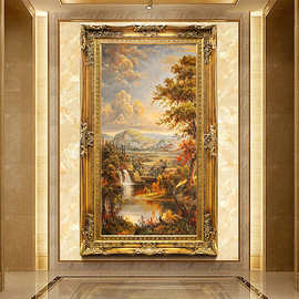 7H欧式手绘复古壁画客厅走廊过道竖版大芬油画村装饰画玄关风景挂