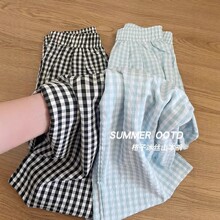 少女感多巴胺蓝色格子裤子女夏季薄款日系宽松阔腿山本裤直筒女裤