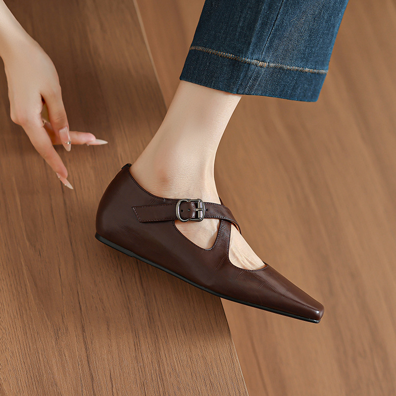 Giày Mary Jane quai chéo mũi vuông gót xuồng kiểu Pháp đế mềm da mềm — Màu nâu, Màu đen, Màu trắng be