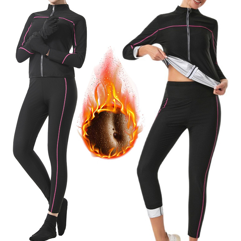Cross-Border Shapewear Sweat High-Waist Tummy Control Pants Yoga Suit Sports Sauna Zipper Long-Sleeved High-Neck Fitness Suit