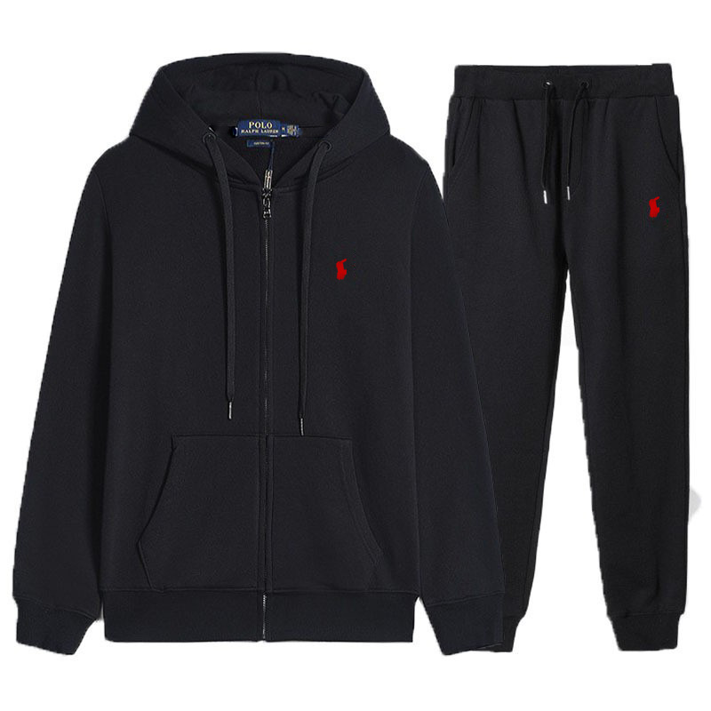 Cross-Border Rl Trendy Brand Embroidered Pony Logo Fleece Zip-Up Sweatshirt Men's Autumn and Winter Hooded Sweatshirt Set