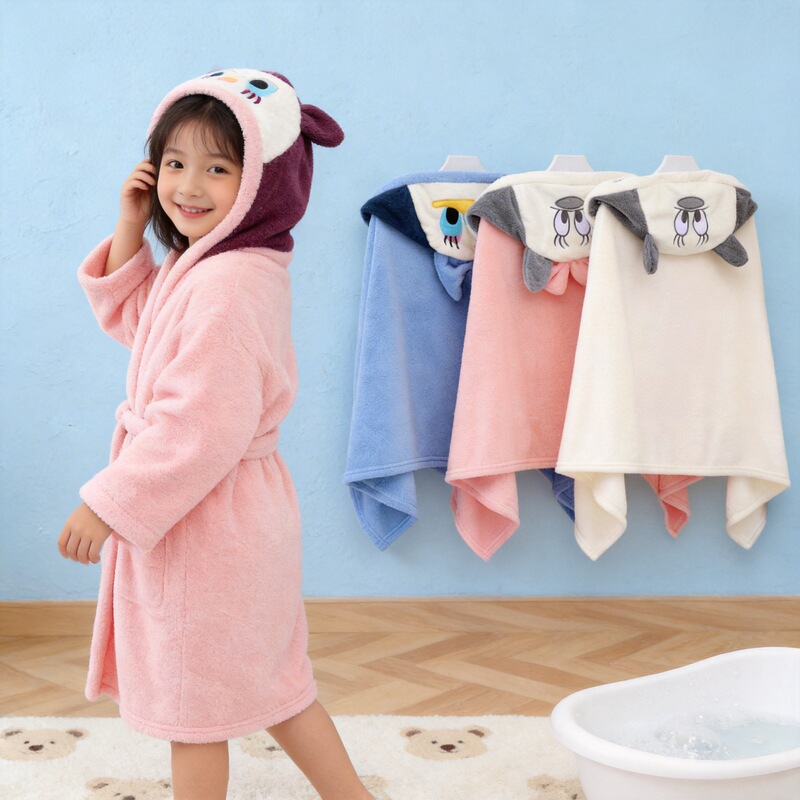 Children's Bath Towel Wearing and Wrapping Hat Cape Coral Fleece Bathrobe Quick-drying Hooded Beach Towel Cartoon Baby's Cloak