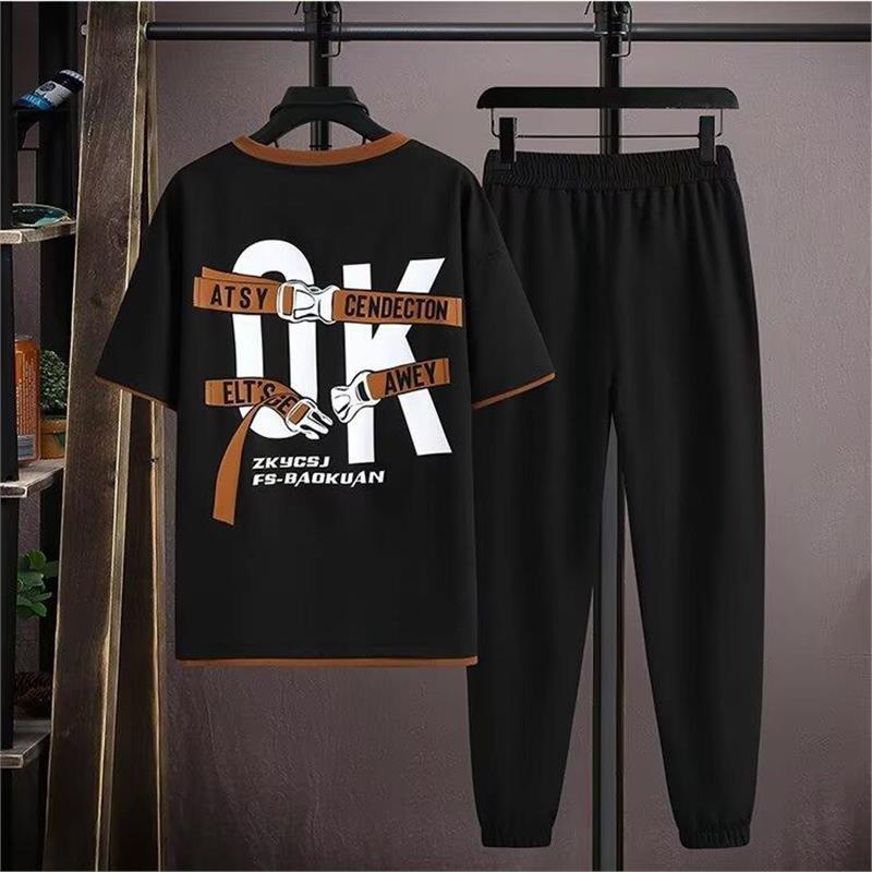 2024 Summer suit Men's Teenager Short-sleeved T-shirt Sports Trousers Casual Student Handsome Clothes Two-piece Fashionable
