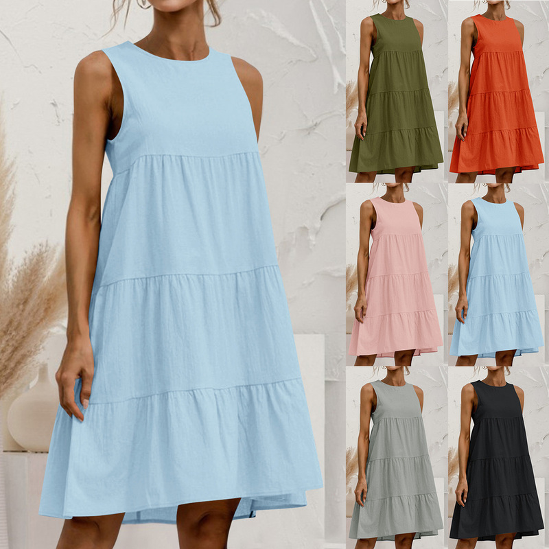 Amazon 2026 Summer New Cross-Border Plus Size Women's Cotton and Linen Sleeveless Patchwork Loose Round Neck Solid Color Dress