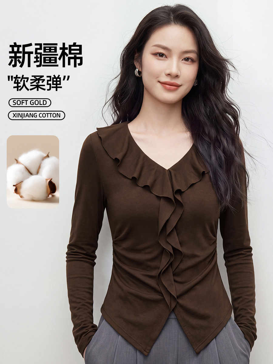 French-style V-neck ruffled long-sleeve T-shirt for women, 2026 autumn new collection, slim-fit, stylish coffee-colored top