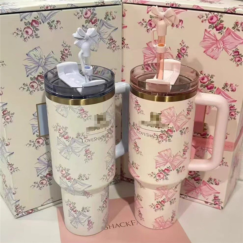 40oz大容量水杯汽车杯繁花304不锈钢保温保冷杯高颜值手柄冰霸杯
