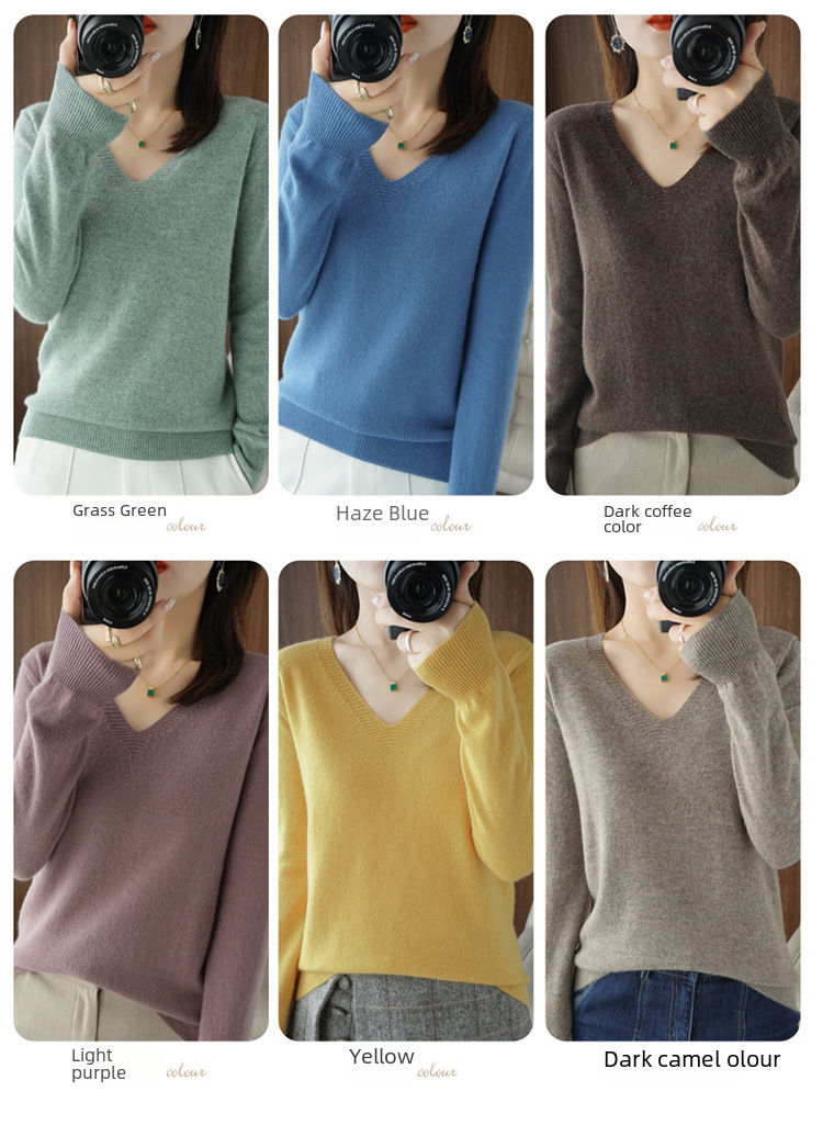 Rudens un ziemas jauns trikotāžas sieviešu V veida kakla izgriezuma garām piedurknēm džemperis, vienkrāsains korejiešu stila brīva apakšdaļas krekls, slaidinošs, plāns virsdrēbes apģērbs_voghion.com