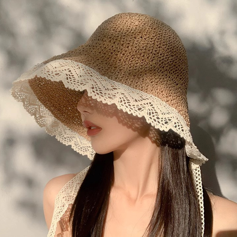 French Style Lace Shade Straw Hat Women's Summer Big Brim Ribbon Fisherman Hat Seaside Foldable Shade Hat