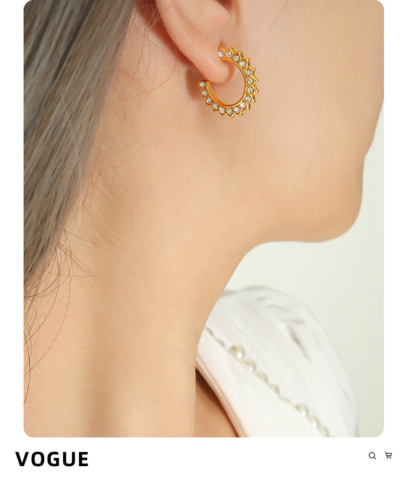 Fashion C Shape Titanium Steel Plating Zircon Ear Studs 1 Pair