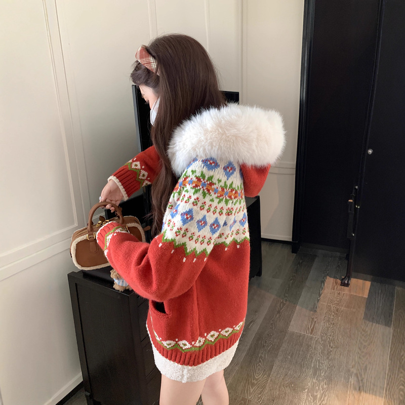 Blue Fair Isle Hooded Sweater for Women 2025 New Autumn and Winter Retro Contrast Jacquard Fur Collar Knitted Jacket Cardigan