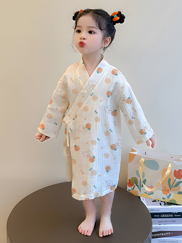 女童睡袍夏季新款儿童薄款可穿浴巾浴袍女孩春秋季长袖纱布家居服|undefined