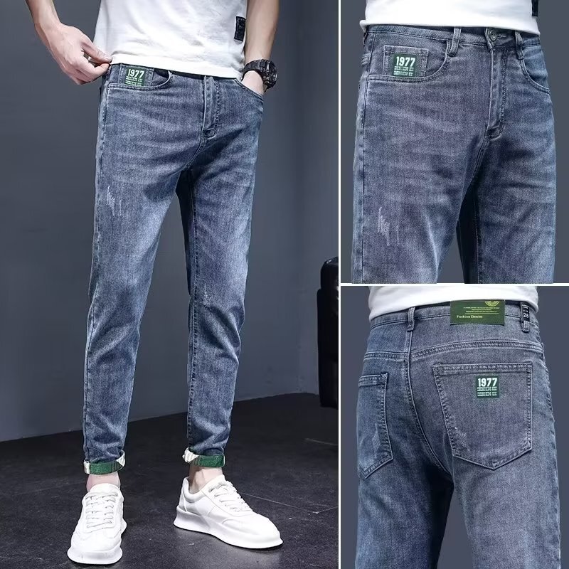 Jeans Men's Summer Thin Slim-fit Skinny Cropped Pants Men's 2024 Summer Trendy Brand Stretch Casual Pants