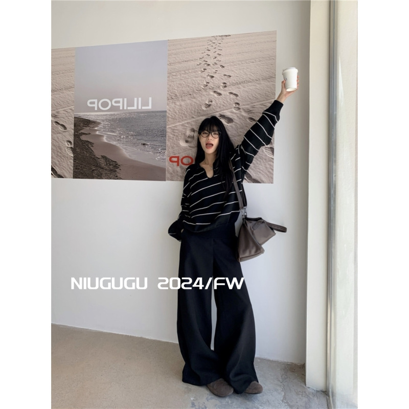 Niugugu Lazy Style Polo Collar Striped Versatile Casual Long-Sleeved Knitwear for Women 2026 Autumn and Winter New Style