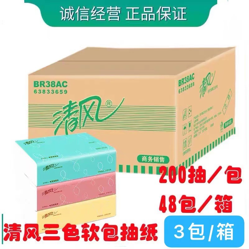 清风抽纸2层200抽 软抽原木浆纸巾BR38AC1 3包/提 16提/箱