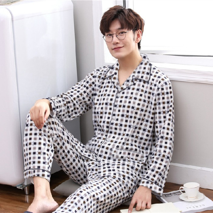 2024 nuevo pijama a cuadros para hombres primavera y otoño algodón de manga larga tamaño grande otoño y invierno para hombres se puede usar ropa para el hogar