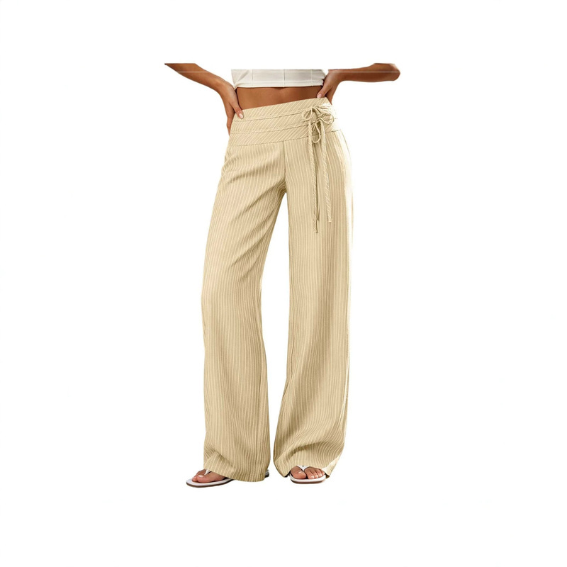 Women's Fashionable Solid Color Trousers with Striped Tie, Elastic Waist at the Back, Casual Pockets, Loose Fit, Straight-Leg Suit Pants Women's Fashionable Solid Color Trousers with Striped Tie, Elastic Waist at the Back, Casual Pockets, Loose Fit, Straight-Leg Suit Pants