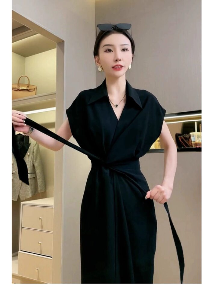Váy sơ mi liền thân chít eo tôn dáng mùa hè FL231528 — Màu đen, Màu kaki