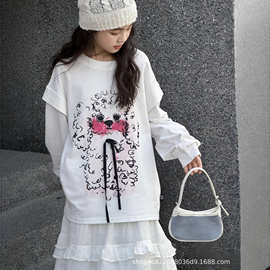 女童长袖体恤春季2026新款潮假两件休闲T恤百搭中小学生时尚穿搭