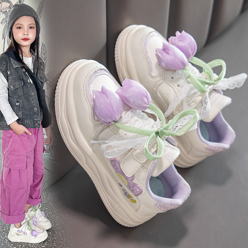 女童小白鞋郁金香时尚运动鞋2025新款秋季儿童休闲鞋软底女孩板鞋|undefined