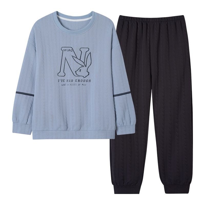 Otoño y invierno aire de algodón intercalado pareja pijama grueso hombre calentamiento conjunto se puede usar ropa de cuello redondo para el hogar