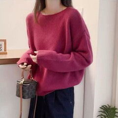 2025秋冬季新款羊毛上衣女圆领落肩保暖针织打底女毛衣宽松休闲