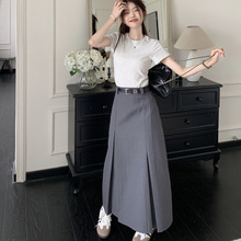 韩版通勤灰色百褶西装裙女春夏高腰长裙到脚踝半身裙垂感a字裙子