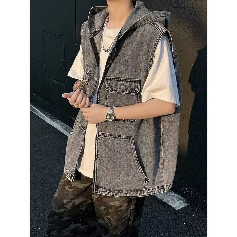 American Retro High Street Hooded Denim Vest for Men, Autumn Trendy Brand Heavy Hooded Biker Jacket with Zipper