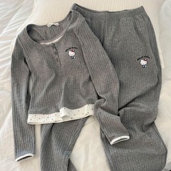 韩版撞色假两件带胸垫坑条长袖睡衣女春秋款HelloKitty家居服套装