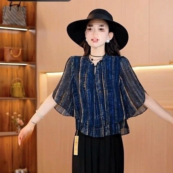 女性のための軽くて豪華なファッショナブルなシャツ 2025 夏の新しい気質年齢を減らすルーズで多用途なお腹カバーストライプスタイルの女性のためのトップ|undefined