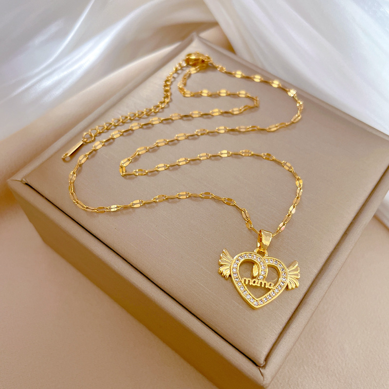 Fashion Heart Shape Wings Stainless Steel Copper Inlay Zircon Pendant Necklace 1 Piece