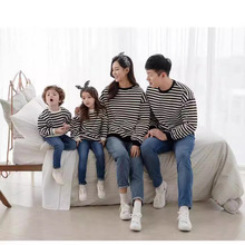 秋季现货复古条纹卫衣通用冬季家庭装亲子套头棉卫衣韩版亲子装