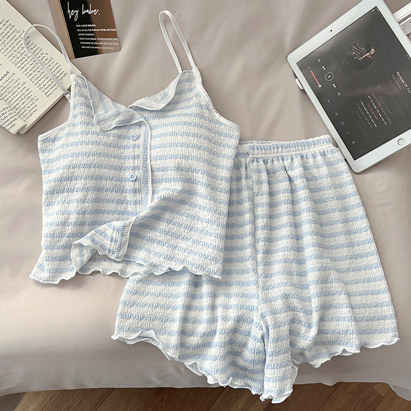 Ins韓国版ストライプパジャマ女性2025新型夏モルデット胸パッド付きストラップストライプ家庭服セット|undefined