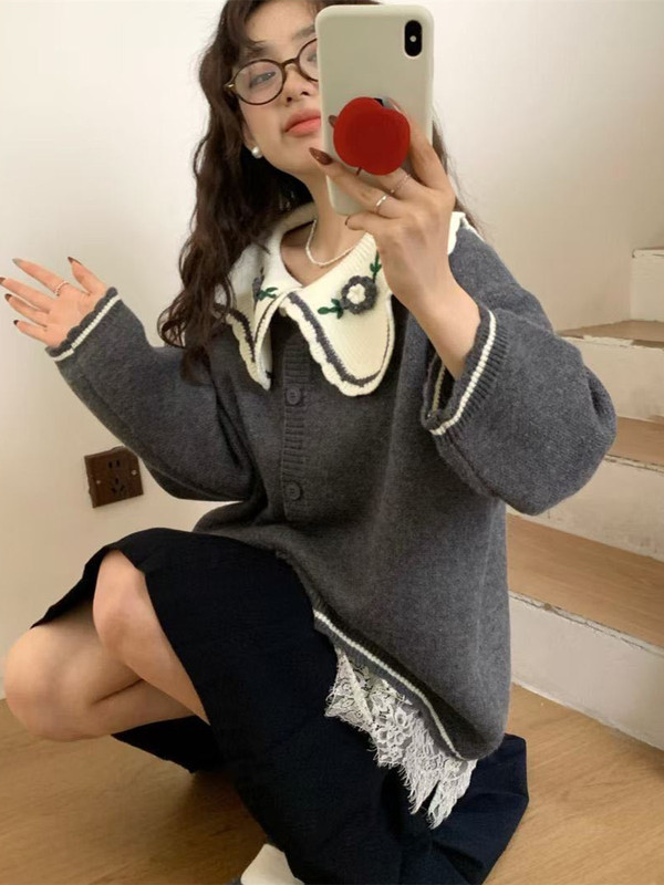 森系甜美立体花朵刺绣毛衣外套女秋冬娃娃领宽松百搭针织开衫1231|undefined