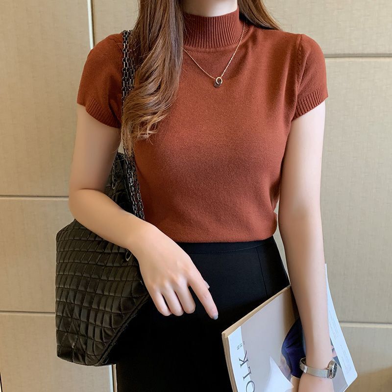 卸売トップス夏の女性の薄いハーフタートルネックボトリングシャツレディース Tシャツ半袖ドーパミンニットセーター夏薄い|undefined