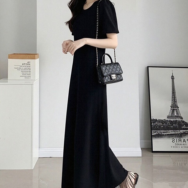 Women's short-sleeved slim-fit new style black tassel dress, extra-long for spring and summer 2026, casual, simple, slimming and tummy-concealing Women's short-sleeved slim-fit new style black tassel dress, extra-long for spring and summer 2026, casual, simple, slimming and tummy-concealing