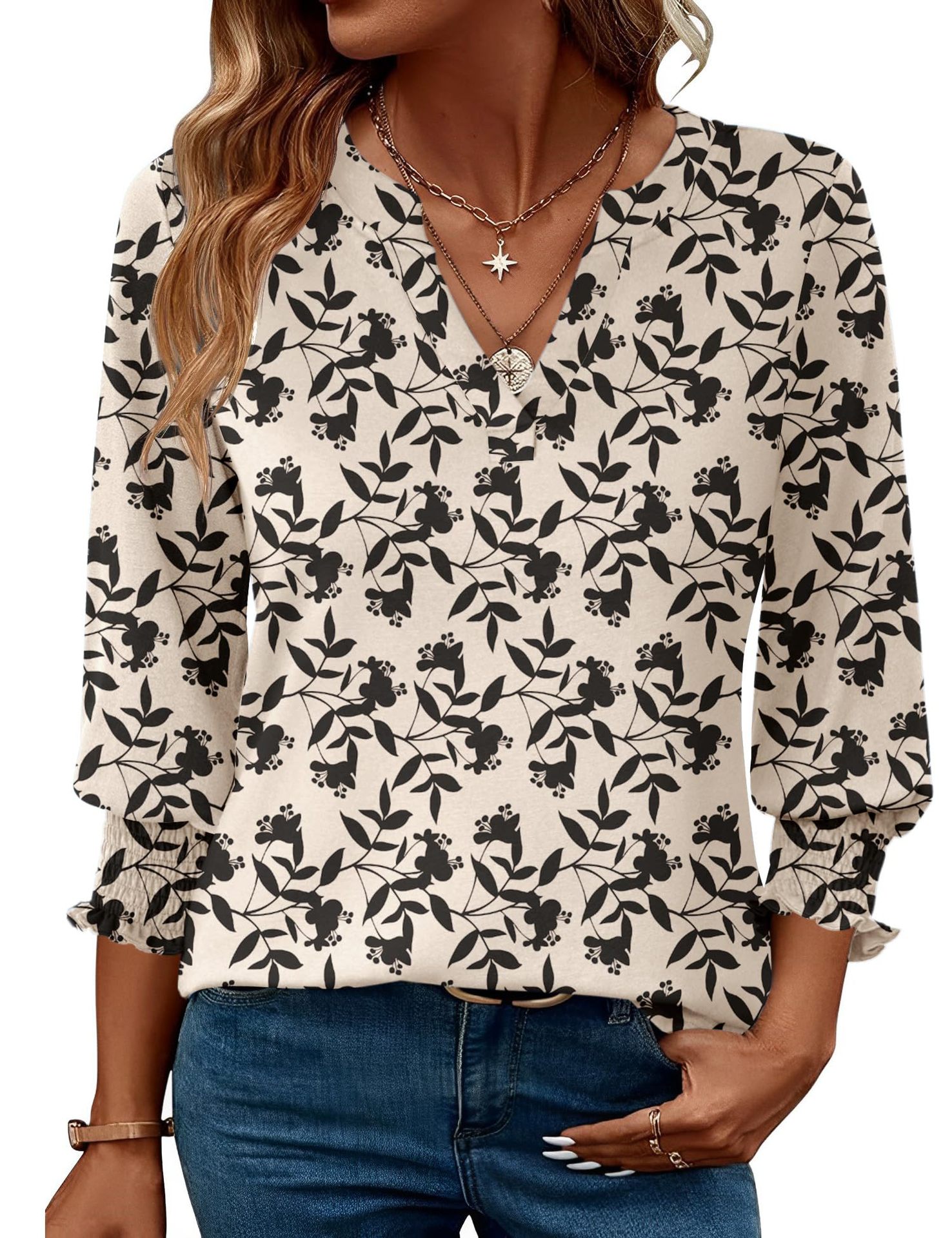European And American Cross-border Women's 2026 Fashion Top, Three-quarter Sleeve Floral Print Casual Shirt, Summer_ecoleips.com