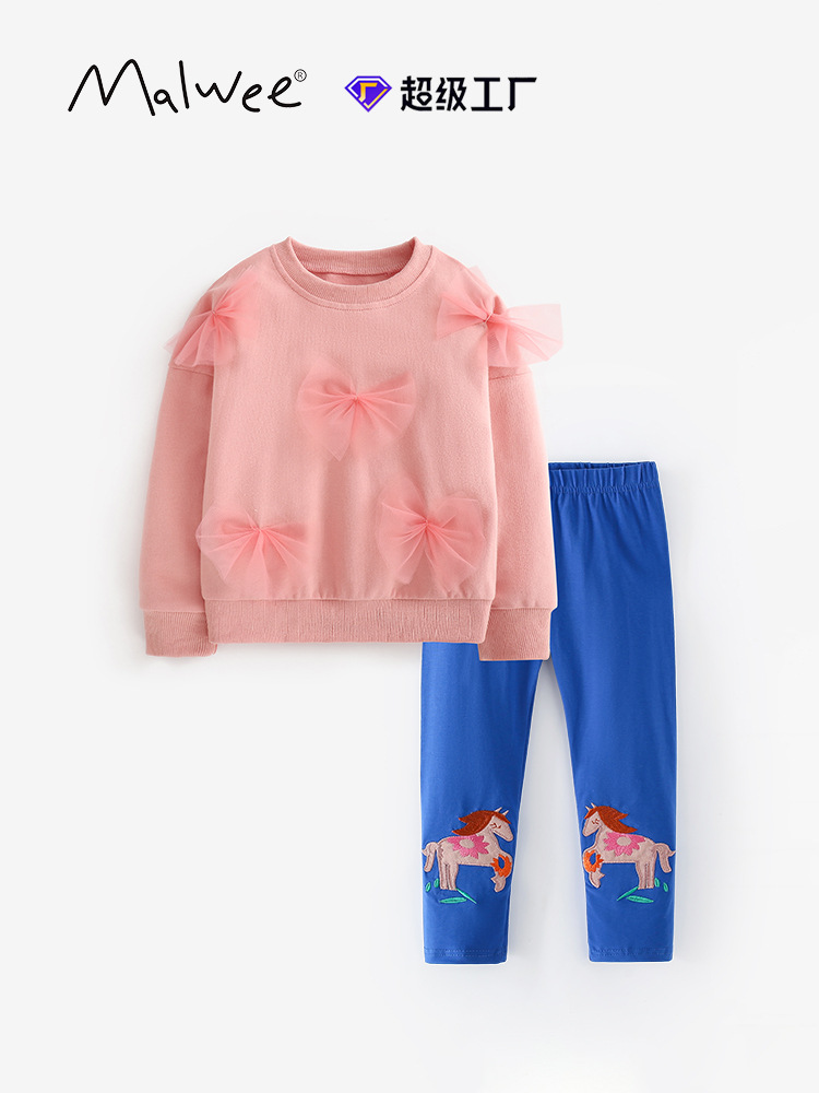 Malwee transfronterizo conjunto de niñas otoño y invierno nuevo estilo europeo y americano para niños de mediana edad cuello redondo mangas largas pantalones de cintura elástica dos piezas