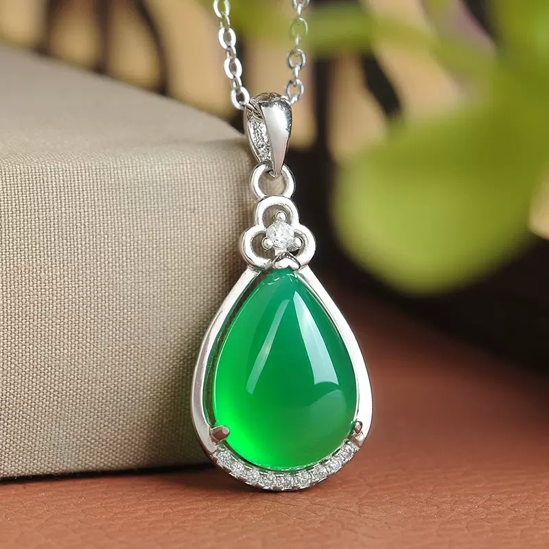 S925纯银项链玛瑙吊坠天然绿玉髓吊坠s925银镶玉髓珠宝饰品女款