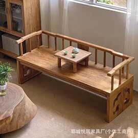 新中式老榆木罗汉床客厅可伸拉午睡躺椅沙发实木泡茶待客贵妃椅