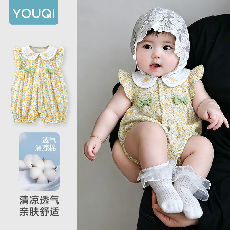 优奇女童连体衣2026年夏季薄款好看甜美可爱风娃娃领飞袖哈衣爬服