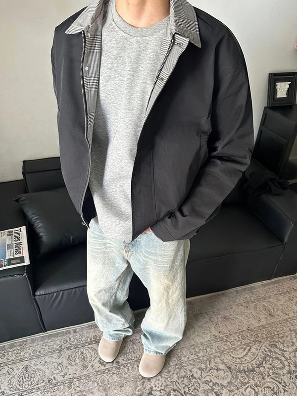 黑色格纹拼接假两件外套男生秋季翻领短款棒球服cleanfit飞行夹克|undefined