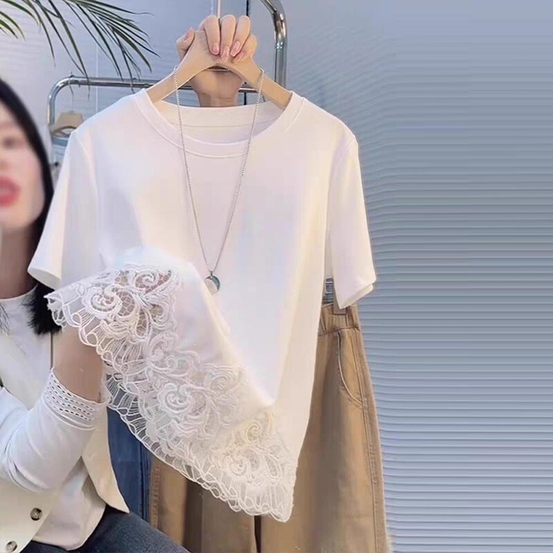 【40 Count 1*1 Cotton-Like Fabric】Lace Patchwork Short-Sleeve Shirt for Women, 2026 Spring/Summer New Style, Loose Fit, Slimming, Fashionable Top 【40 Count 1*1 Cotton-Like Fabric】Lace Patchwork Short-Sleeve Shirt for Women, 2026 Spring/Summer New Style, Loose Fit, Slimming, Fashionable Top