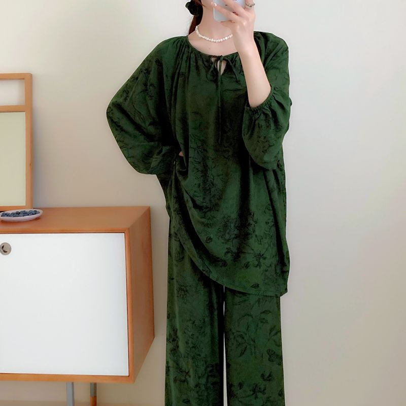 女性用パジャマ、春と秋の長袖人工綿シルク、国民風プリント、ゆったりとした大きいサイズの綿シルクホーム服セット、薄手|undefined
