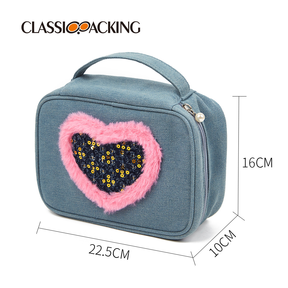 Bolsa de lavado diseñada por el fabricante, material de mezclilla de gran capacidad, bolsa de cosméticos portátil de viaje impermeable, se puede imprimir con logotipo