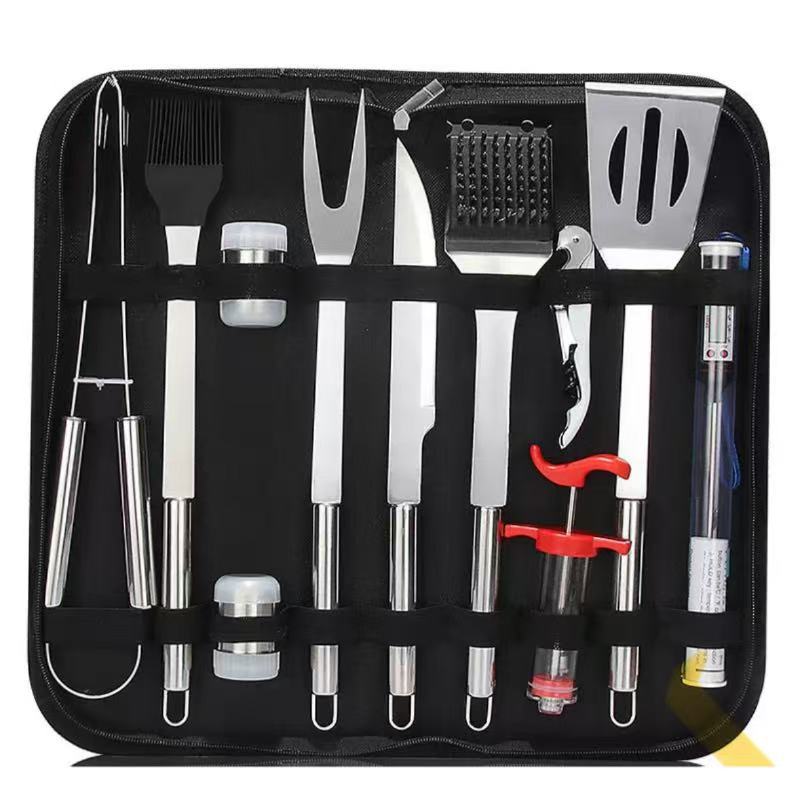 Amazon venta caliente de acero inoxidable herramientas de barbacoa al aire libre bolsa de tela BBQ grill horquilla de horquilla caja de aluminio conjunto de combinación