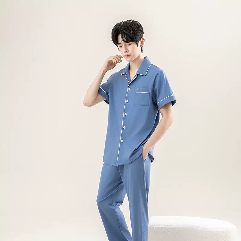 Set, pijama, cotton men's summer thin trousers for leisure, with short sleeve, plus size, wholesale