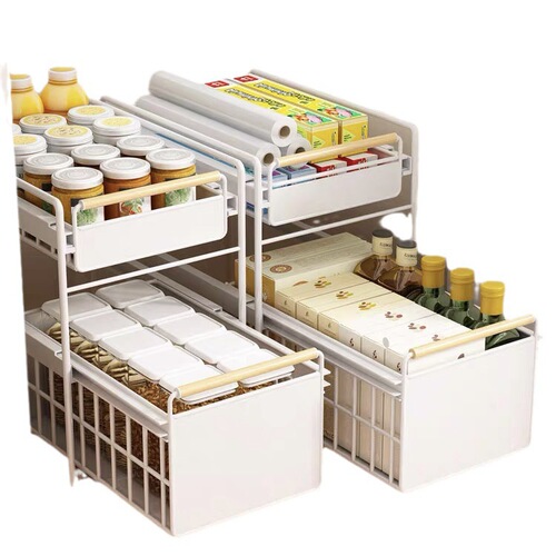 Kitchen cabinet pull basket under sink storage rack multi-functional dish and spice storage pull-out layered shelf wholesale