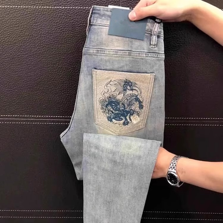 ヨーロッパの高級メンズジーンズ秋の新作ストレッチカジュアルパンツライトラグジュアリーファッション刺繍スリムフィットパンツ|undefined