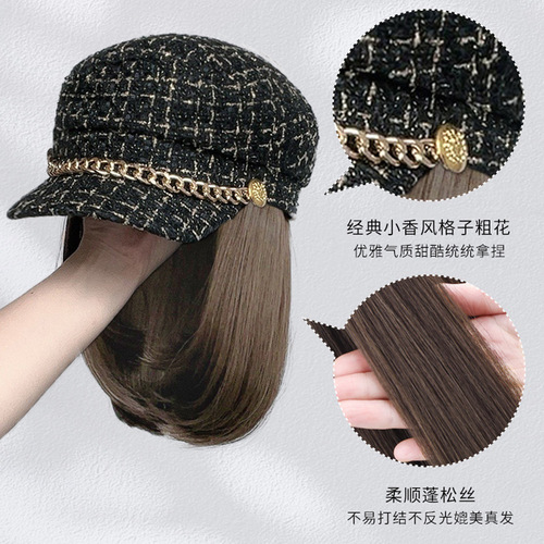 Hat and wig all-in-one women's fashion autumn and winter style small fragrant peaked cap short hair clavicle hair full head wig hat